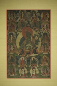 Malovaný prapor (thangka) Zelené Tary obklopené dvaceti projevy od Unknown artist