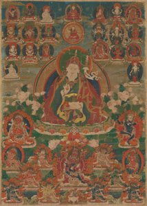 Malovaný prapor (thangka) sedícího mudrce Guru Padmasambhavy držícího blesk (vadžru) a pohár s lebkou (kapalu) od Unknown artist