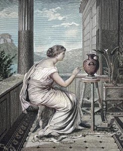 Malíř, umělec, mladá Řekyně maluje vázu, historické, digitální reprodukce originálního uměleckého díla z 19. století od Unknown artist