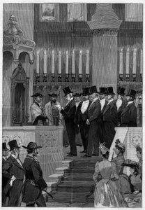 Paříž 1890: Instalace velkého francouzského rabína Zadoca Kahna (Zadoc-Kahna) (1839-1905). Monsieur Alphonse de Rothschild (1827 -1905) čte nominační řád. od Unknown artist