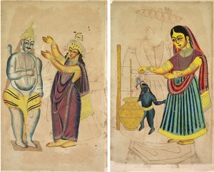Parvati umístění svatební girlandy na Shiva (recto); Yasoda stloukání másla (verze) od Unknown artist