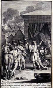 Patroklos se dotkne neštěstí Řeků, když získal od Achilla svolení je vydat a zachránit, kryje se zbraněmi tohoto prince, který provádí úlitby Jupiterovi za jeho šťastný návrat. Ilustrace knihy XVI z Iliady z H od Unknown artist