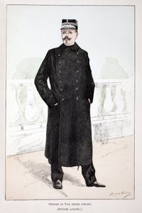 Mírový důstojník, zimní šaty (Lepinské období). Eau forte en couleurs, pour ilustraci “” Histoire du corps des gardiens de la paix””” kniha vydaná pod záštitou Louis Lepine (1846-1933) prefet de police de la Seine, Alfred Rey (1864-?) a Lou od Unknown artist