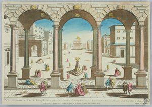 Peep-show, Perspektivní pohled na Arc de Triomphe, kde se zuřivý zákaz stal za triumvirátu Antonia, Octaviana a Lepida v Římě, č. 45 od Unknown artist