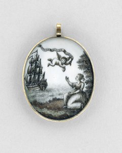 Přívěsek, cca 1750 (sépie na slonovině, zlatě, vlasech a skle) od Unknown artist