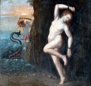 Persee et Andromede - Perseus a Andromeda par Anonymous, ca. 1600 - Olej na dřevě, 62x65,4 - Ptuj Ormo_ Regionální muzeum od Unknown artist