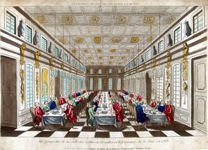 Perspektivní pohled na Salle des Festins de Versailles na oslavu míru v roce 1763 mezi Velkou Británií, Francií a Španělskem. od Unknown artist
