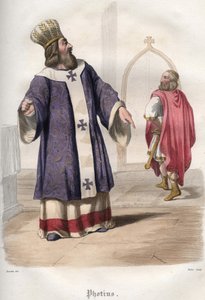 Photios I (Photius, Fotios) (810-893), patriarcha Konstantinopole, vyhánějící byzantského císaře Basila I. Makedonského (813-886) z církve po vraždě císaře Michaela III v roce 867. od Unknown artist