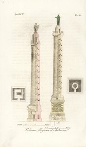 Půdorys a pohled na Trajánův sloup a Sloup Marca Aurelia od Unknown artist