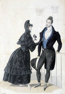 Talíř ilustrující mužskou a ženskou módu 30. let 19. století. Žena má na sobě šaty s kapucí a v rukou drží plesovou masku. od Unknown artist