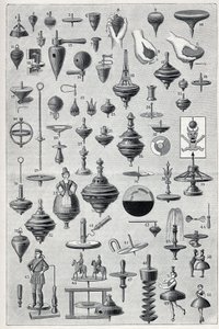 Deska zobrazující sbírku přadlenů s různými tvary a systémem otáčení. Gravírování do ""La Nature"" od Unknown artist