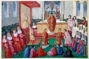 Papež Sixtus IV (1414-1484) se účastní mše v Sixtinské kapli ve Vatikánském miniaturním decoupee z 15. století. Slunce 0,1x0,16 m Chantilly, musee Conde od Unknown artist