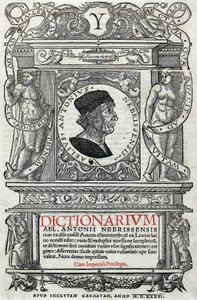 Portrét Antonia Martineze de Cala řekl Antonio de Nebrija (1441-1522), španělský humanista a gramatik. Strážní stránka jeho slovníku, vydaného v roce 1536. Národní knihovna v Madridu. od Unknown artist