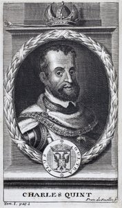 Portrét Karla V. (1500-1558), krále Španělska a Španělské Ameriky, sicilského krále a císaře Svaté říše římské germánské (1519-1556). Rytina k ilustraci „Historie války o Flandry“, od Flamianus Strada, vydání Joseph T