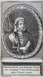 Portrét Margarity Parmské (nebo Margarity Rakouské) (1522-1586), vévodkyně z Parmy a Piacenzy, přirozené dcery Karla V. (1500-1558) a vychovatelky Nizozemska (Nizozemí) v letech 1559-1581. Rytina k ilustraci „Historie války o Fla od Unknown artist