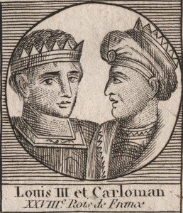 Portréty Ludvíka III. (863/65-882) krále franků v letech 879 až 882 a Carlomana II. (866-884), krále franků v letech 879 až 884 - Ludvíka II., krále Západní Francie a Carlomana II., krále Západu Francia - rytina z “Instruction sur l