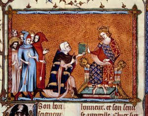 Prezentace knihy: Jean de Joinville (1224-1317) nabízí svou knihu Ludvíkovi králi Navarrskému budoucímu Ludvíku X. Hutinovi. Miniatura ve ""Vie de Saint Louis"" od Unknown artist