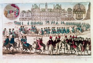 Průvod u příležitosti obřadu mírové publikace před radnicí (Place de Greve). Rytina 18. století B.N. Paříž od Unknown artist
