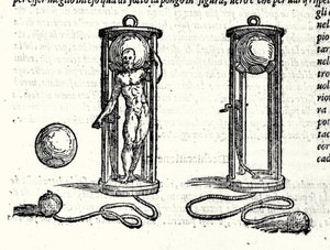 Projekt prvního skafandru Nicoli Fontany známého jako Tartaglia (1499 - 1557) v roce 1551. Rytina 16. století. od Unknown artist