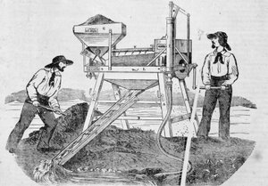 Hospoda „The Fortune, Company of the Gold Mines of California““: obrázek zobrazující dva zlatokopy pracující v pračkách a míchající zlato – v „“ the Charivari““ z 25. června od Unknown artist