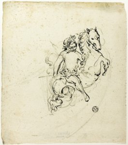 Putto korunovaný vavřínem, na koníkovi od Unknown artist
