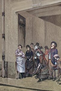 Deštivé počasí, lidé stojící pod střechou a čekající, až přestane déšť, obraz A. Bellet od Unknown artist