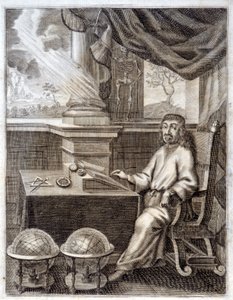 René Descartes (1596 - 1650) ve své kanceláři s vědeckým vybavením. Rytina 17. století. od Unknown artist