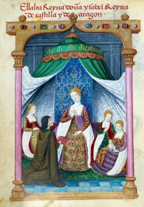 Zastoupení portugalské královny Isabely Isabely Aragonské (1271-1336) obklopené svými společníky a Pedro Marcuello, který jí nabízí její knihu. Rukopisná stránka převzata ze „Sbírky oddanosti španělské královny Joan the Folle (1479-1555)““ od od Unknown artist