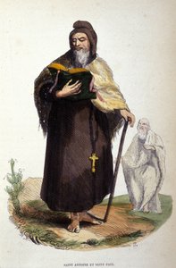 Představení svatého Antonína Velikého, egyptského anachoreta (251 - 356), zakladatele křesťanského poustevnictví a svatého Pavla z Théb (předcházel by svatého Antonína v Thebaide). Rytina 19. století. od Unknown artist