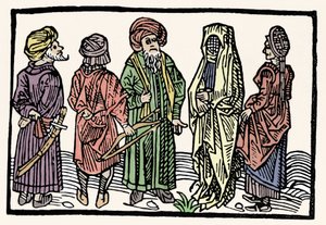 Zastoupení pohanky. Muži s rukama s propletenými hlavami a zahalené ženy. Xylografie 15. století od Unknown artist