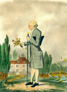 Zastoupení švýcarského filozofa Jeana Jacquese Rousseaua (1712-1778) trhajícího květiny v Ermenonville. Rytina 18. století. Soukromá sbírka. od Unknown artist