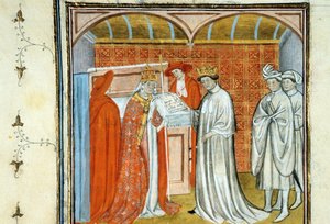 Robert II. zbožný (asi 972-1031) - Iluminace rukopisu na velínu ze středověku „“Grands Chronicles of Saint-Denis”” koncem 14. století (ref. 512 od Unknown artist
