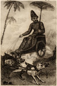 Robinson Crusoe na svém vozatajském vlaku od šesti dogů, rytina vložena do „Les aventures de Robinson Crusoe“ od Daniela Defoe od Unknown artist