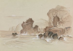 Skalnaté pobřeží s malým rybářským člunem od Unknown artist