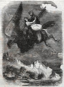 Roger (Ruggero, Ruggiero) a Angelique (Angelica) na hippoclaw - rytina z roku 1851 z „“Roland furieux““ (Orlando furioso) (16. století) od Ludovica Ariosta, známého jako Ariosto – vydání přeložené z italštiny hrabětem z Tressanu a zveřejnit od Unknown artist