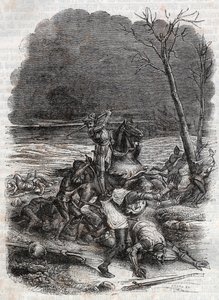 Roland masakroval obyvatele Cymosque – rytina z roku 1851 z „“ Furious Roland““ od Unknown artist