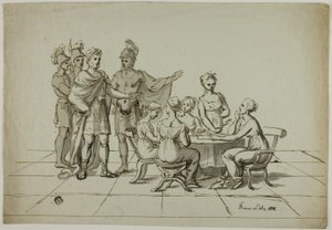 Římský císař se blíží ke skupině žen sedících u stolu od Unknown artist