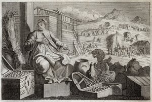 Royaumontská Bible, Nový zákon: Šílenství bohatství aneb Podobenství o boháči. Ježíš Kristus mluví proti ješitnosti bohatého muže, který si tleskal ve svém velkém majetku a další noci zemřel. Ilustrace z roku 1811. od Unknown artist