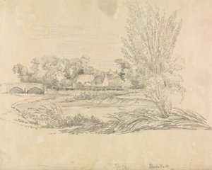 Venkovská krajina s mostem a chatami od Unknown artist
