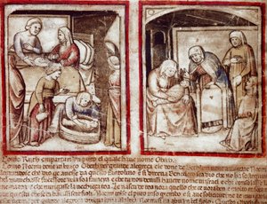 Ruth porodí Obeda (Obetha), syna Boaze (Booze) Miniaturu z kodexu 212 (nebo kodexu padovano nebo Bible z Padovy) 1390-1400 Rovigo, Accademia dei Concordi od Unknown artist