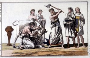 Obětování býka mezi Kelty. 19. století rytina. od Unknown artist