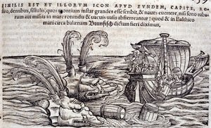 Námořníci házejí sudy do moře, aby odvrátili pozornost příšer při pronásledování. Rytina v „Historia Animalium“ od Conrada Gesnera (1516-1565), Tiguri od Unknown artist