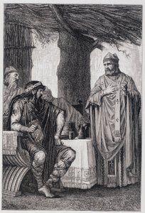 Saint Gregoire z Tours (538-594) stojící proti Chilpericovi I. (539-584) králi Neustrije. od Unknown artist