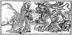 Svatá Marta a Tarasque - rytina z „Leben der Heiligen - sommerteil“ (Kniha světice) od Jacoba (Jakuba) z Voragine (1228-1298). Lubeck 1488. od Unknown artist