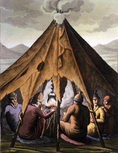 Sámové: domorodí obyvatelé žijící v zemích severních zemí (Norsko, Finsko, Švédsko a Rusko) se shromažďují u ohně pod stanem. Rytina 19. století od Unknown artist