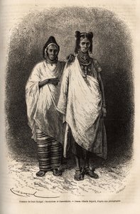Sarakolese a Kassonkese ženy, populace Horního Senegalu, v tradičním oblečení. Rytina pro ilustraci plavby na pobřeží Afriky od viceadmirála Fleuriota de Langle, v roce 1868, publikovaná v „“Le tour du monde“““ 1872, editoval Edouard Charton od Unknown artist