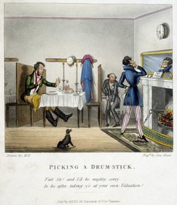 Scéna zobrazující tři muže v anglické restauraci. Jeden z nich (sedící muž) se opilý ironicky omlouvá muži, který se na sebe dívá do zrcadla, že mu ukradl kus kuřete. Ilustrace M. E. z konce 19. století. od Unknown artist