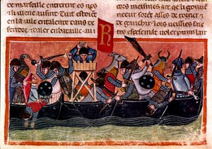 Scéna námořní bitvy Miniatura z francouzského kodexu na pergamenu „Fakta o Římanech““ vyprávějící starověkou historii až po Julese Cesara (101 př. n. l. – 44 př. n. l.). Benátky 13. století, biblioteca Marciana od Unknown artist