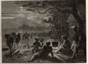 Scéna zbytku země, v měsíčním světle, rohože jsou vztyčeny na zemi po dni práce. Rytina k ilustraci plavby do Japonska v letech 1863-1864 od Aime Humberta, ministra Švýcarské konfederace, v „Le tour du monde, nouveau journal des od Unknown artist