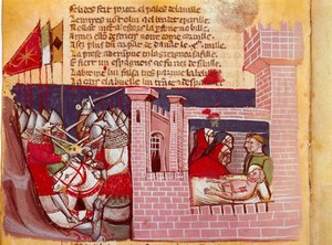 Scéna bitvy u Roncesvaux v roce 778. Bitva mezi armádou Karla Velikého a Saracény, kde byl zabit rytíř Roland. Je zástupcem vpravo. Miniatura z kodexu „The Entrée d